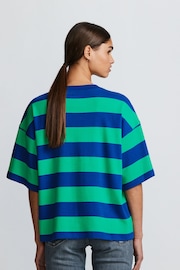 Blue/Green Stripe Relaxed Fit Heavyweight Longline Crew Neck 100% Cotton T-Shirt - Image 3 of 6