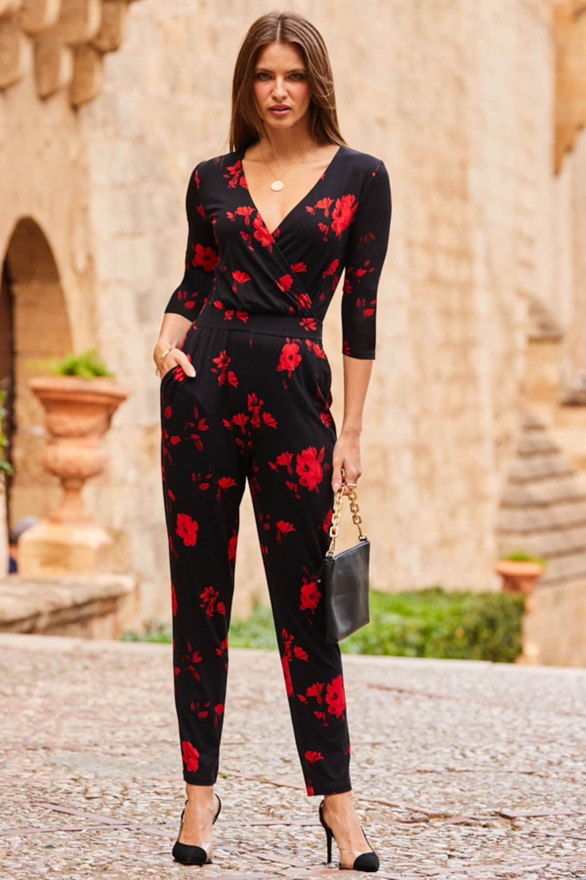 Sosandar Red Floral Print Tapered Leg Jumpsuit - Image 1 of 5