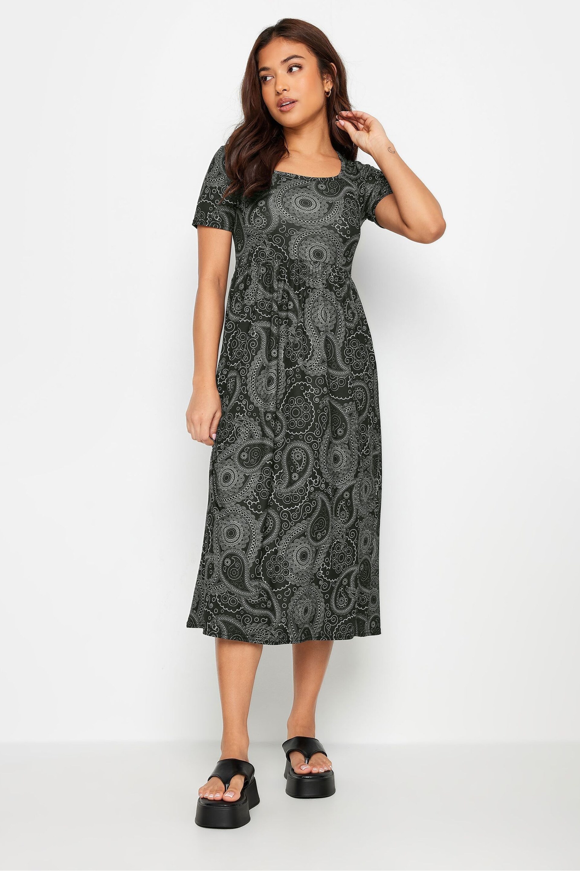 PixieGirl Petite Black Paisley Print Midi Smock Dress - Image 2 of 5