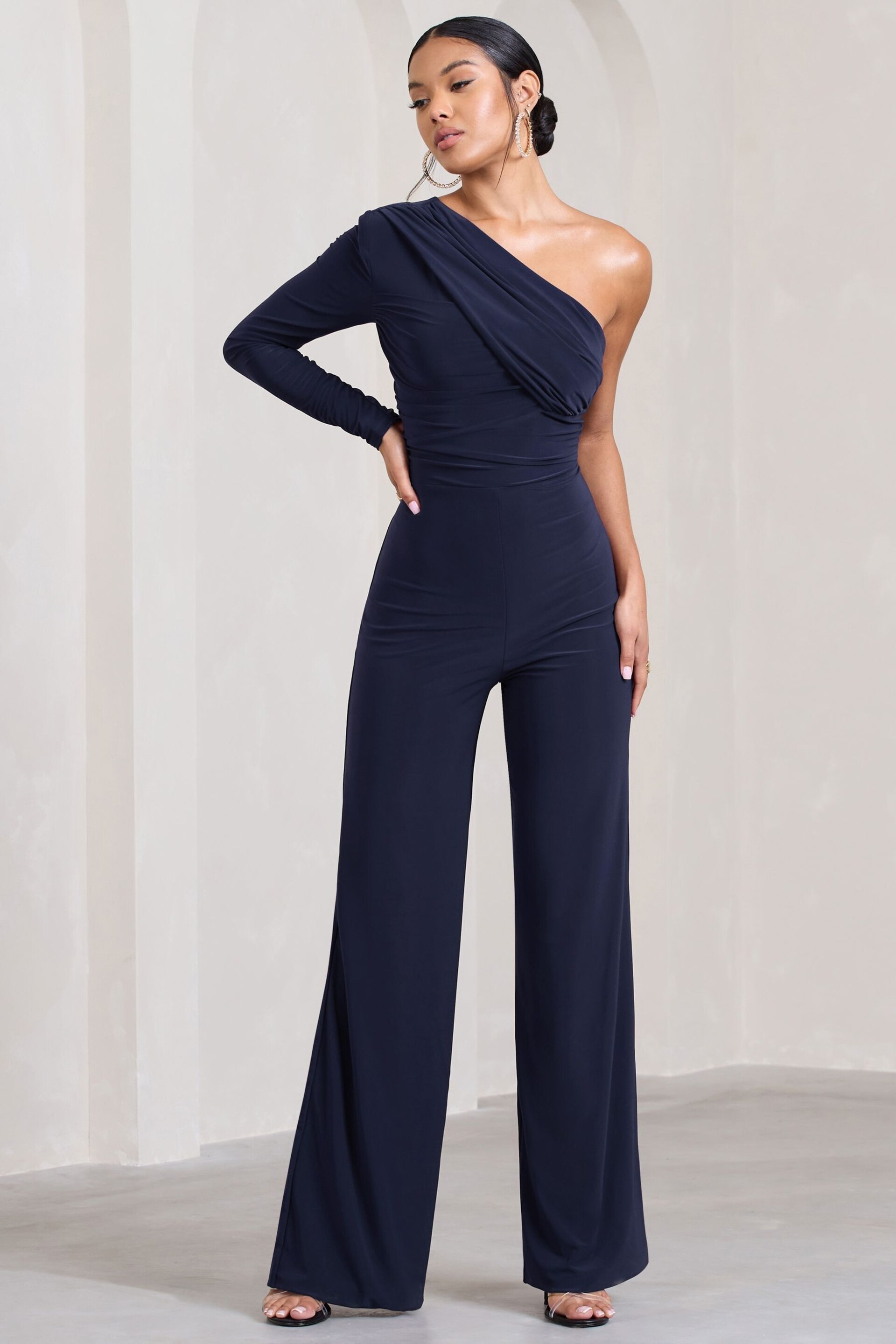 Club L London Navy Blue Mila One Shoulder Ruched Wide Leg Jumpsuit - Image 2 of 5