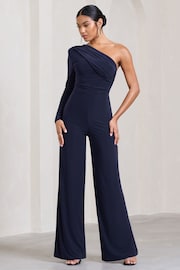 Club L London Navy Blue Mila One Shoulder Ruched Wide Leg Jumpsuit - Image 3 of 5