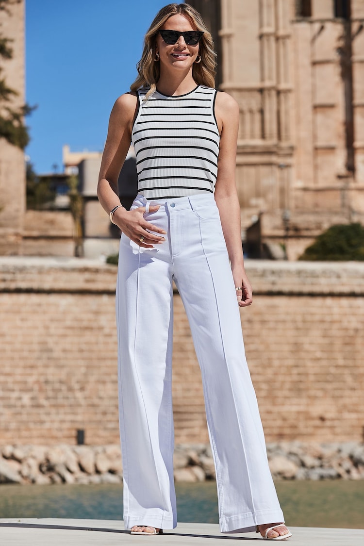 Sosandar White Wide Leg Pintuck Jeans - Image 1 of 5