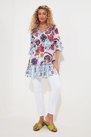 Joe Browns White Beaded Statement Print V-Neck Tassel Trim 3/4 Sleeves Smock 100% Cotton Tunic - Image 2 of 5