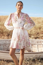 Forever New White Mini Isla Printed Long Sleeve Dress With A Touch of Linen - Image 1 of 5