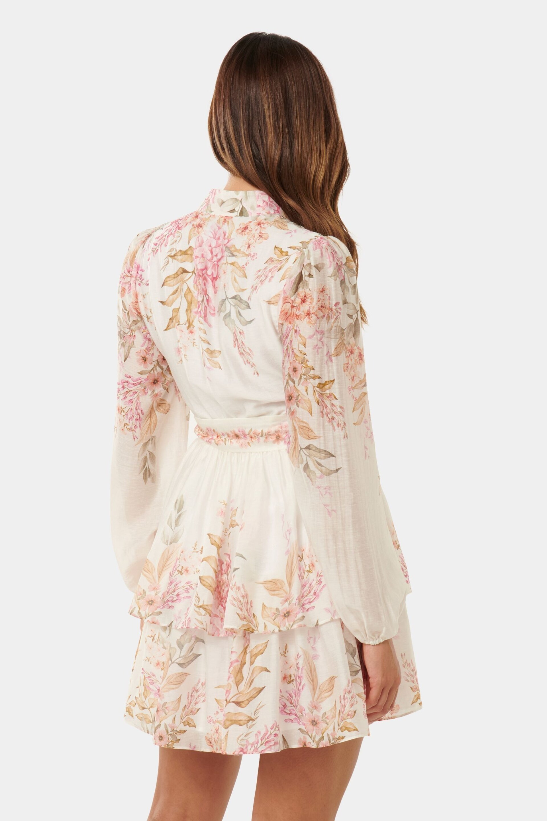 Forever New White Mini Isla Printed Long Sleeve Dress With A Touch of Linen - Image 5 of 5