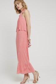 River Island Coral Halter Neck Plisse Midi Dress - Image 1 of 6