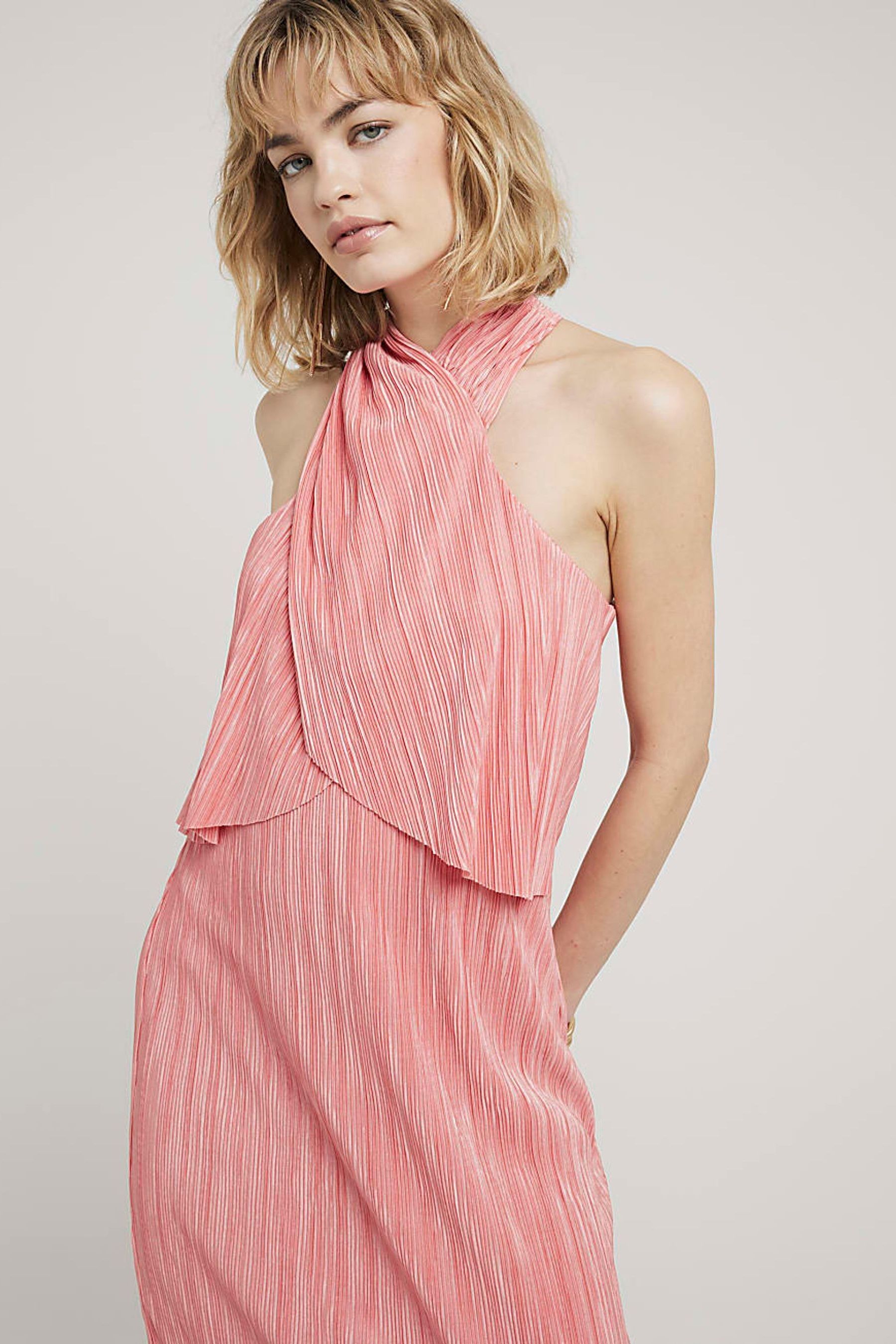 Buy River Island Coral Halter Neck Plisse Midi Dress from Next Luxembourg