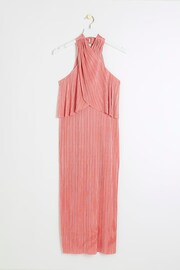 River Island Coral Halter Neck Plisse Midi Dress - Image 5 of 6