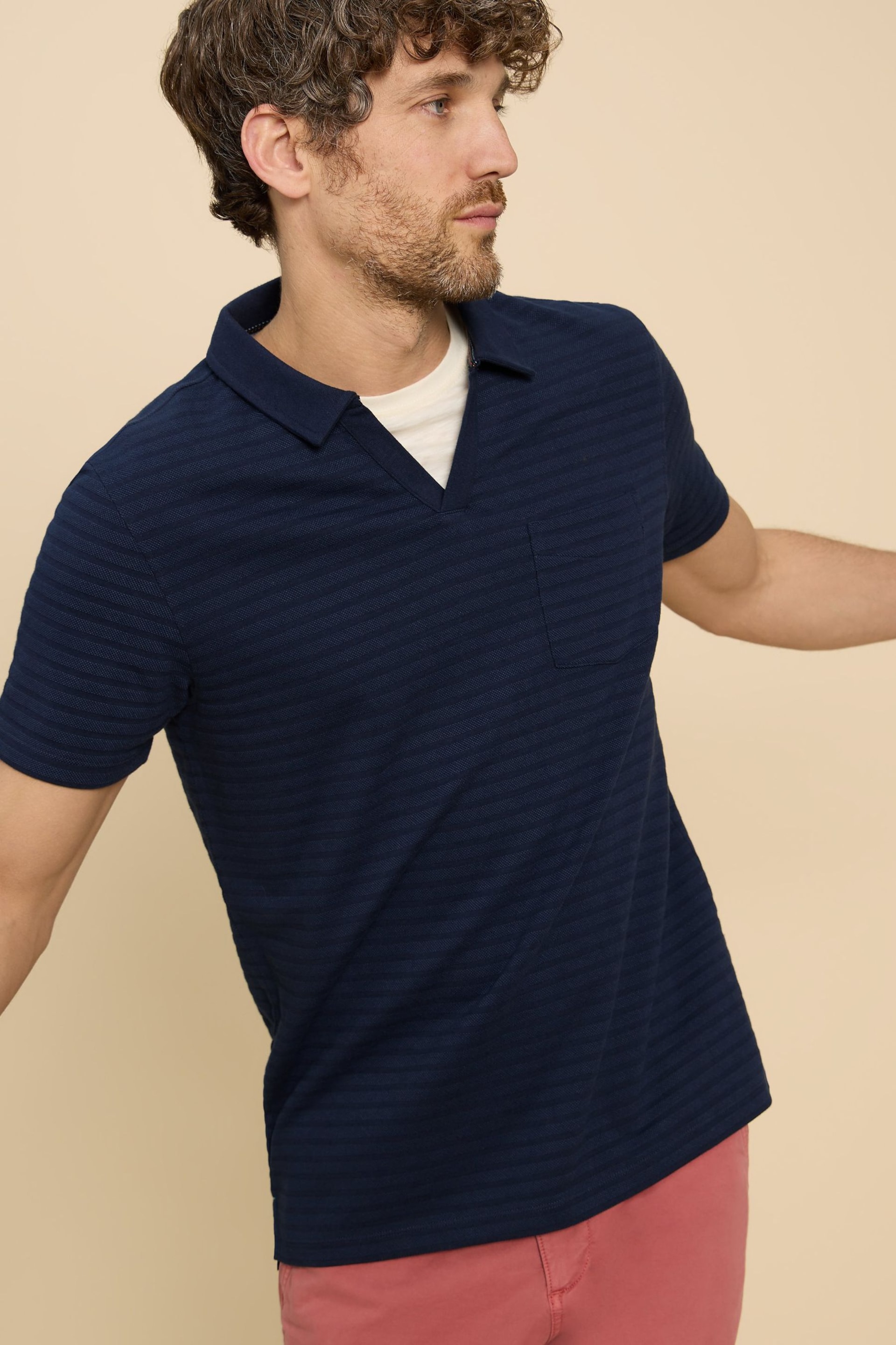 White Stuff Blue Textured Open Collar Polo Shirt - Image 1 of 7