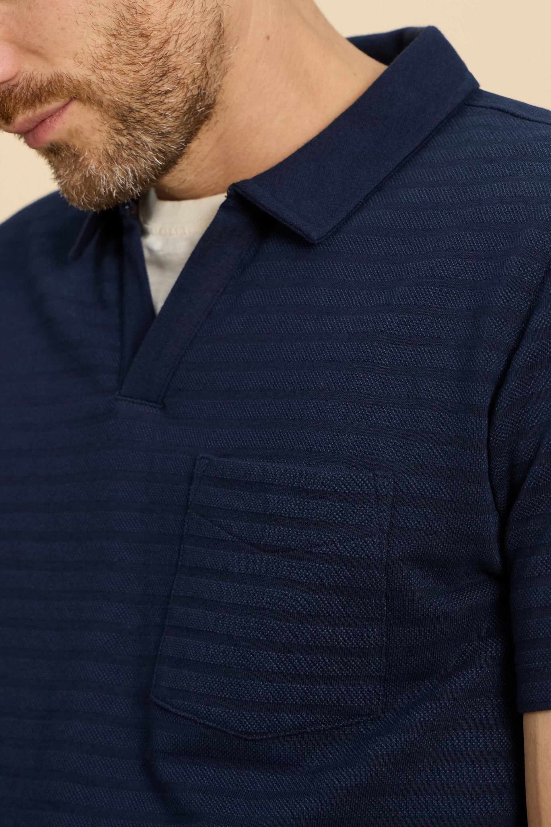 White Stuff Blue Textured Open Collar Polo Shirt - Image 4 of 7