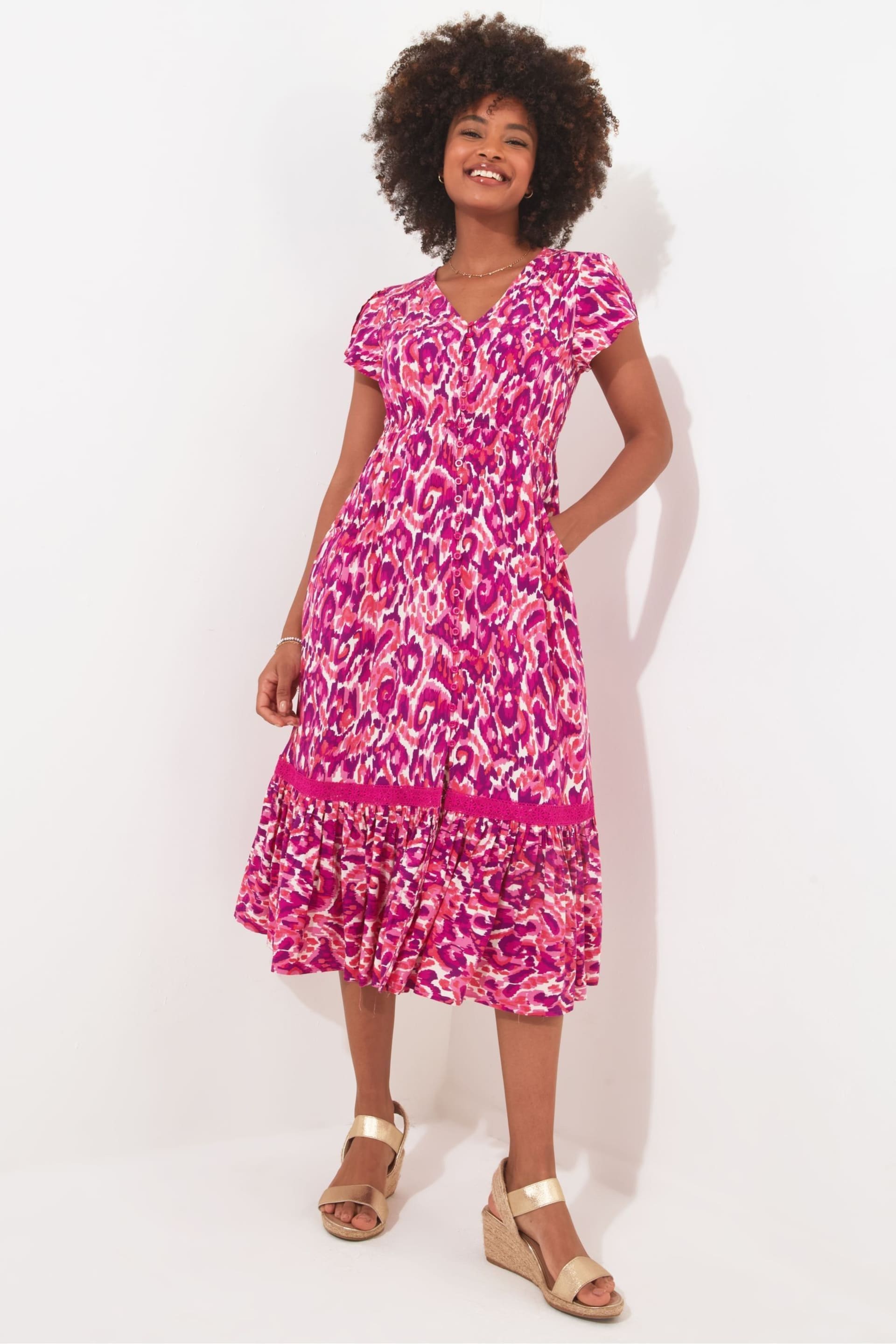 Joe Browns Pink Petite Bold Animal Print Ruffle Hem Midi Dress with Pockets - Image 1 of 5