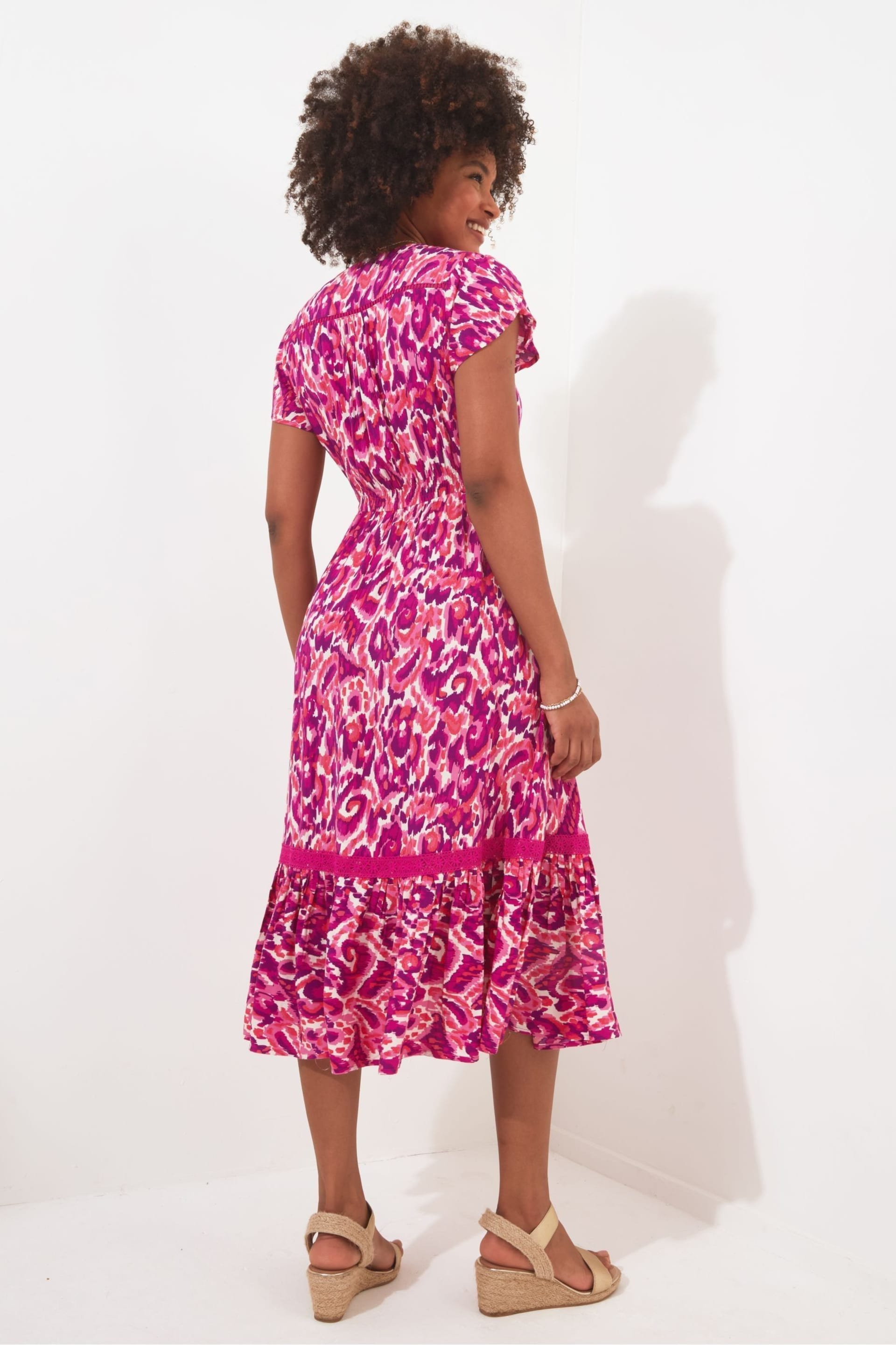 Joe Browns Pink Petite Bold Animal Print Ruffle Hem Midi Dress with Pockets - Image 3 of 5