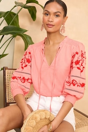 Love & Roses Pink V Neck Embroidered Sleeve Jersey Top - Image 1 of 4