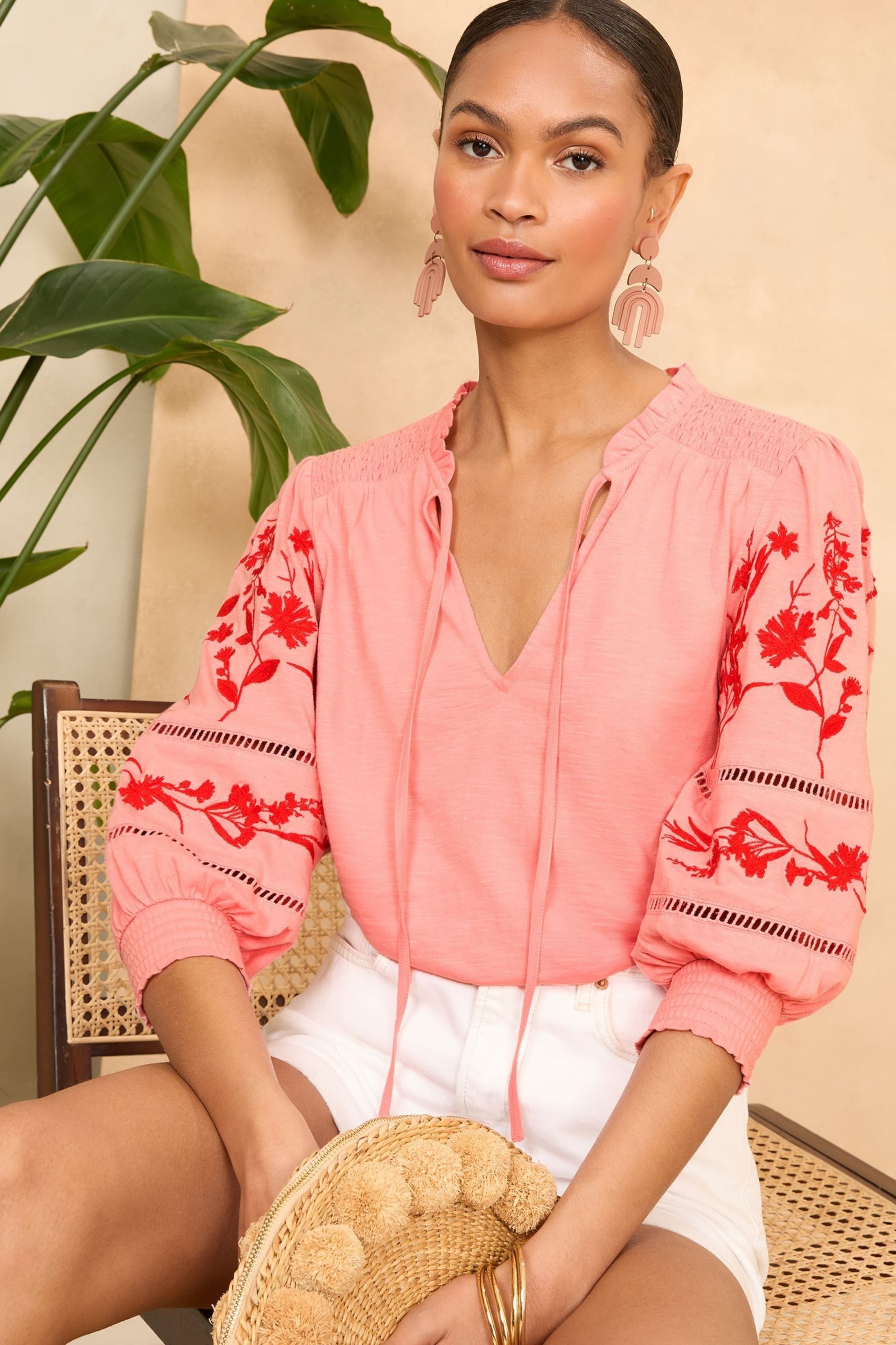 Love & Roses Pink V Neck Embroidered Sleeve Jersey Top - Image 1 of 4