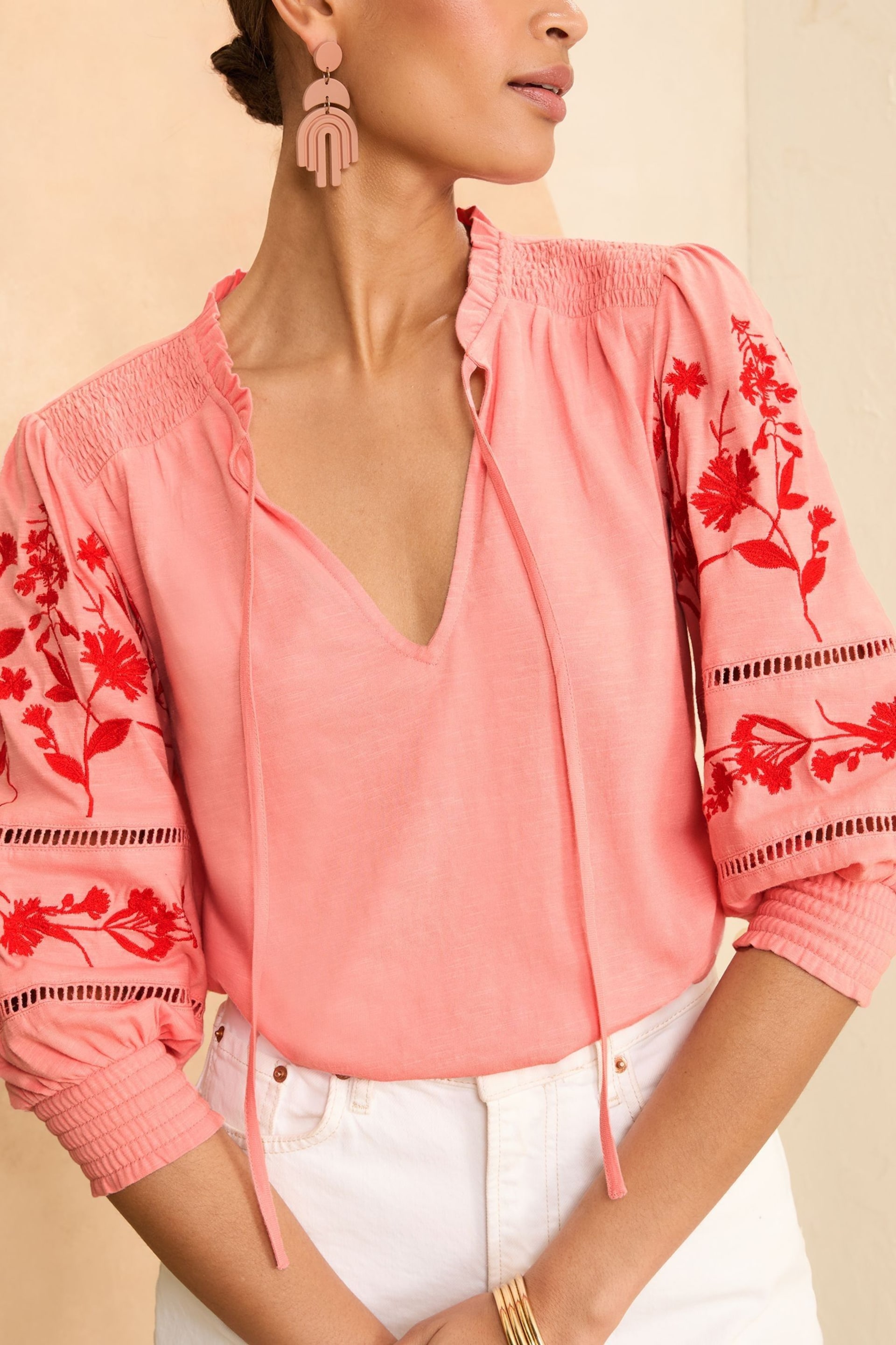Love & Roses Pink V Neck Embroidered Sleeve Jersey Top - Image 2 of 4