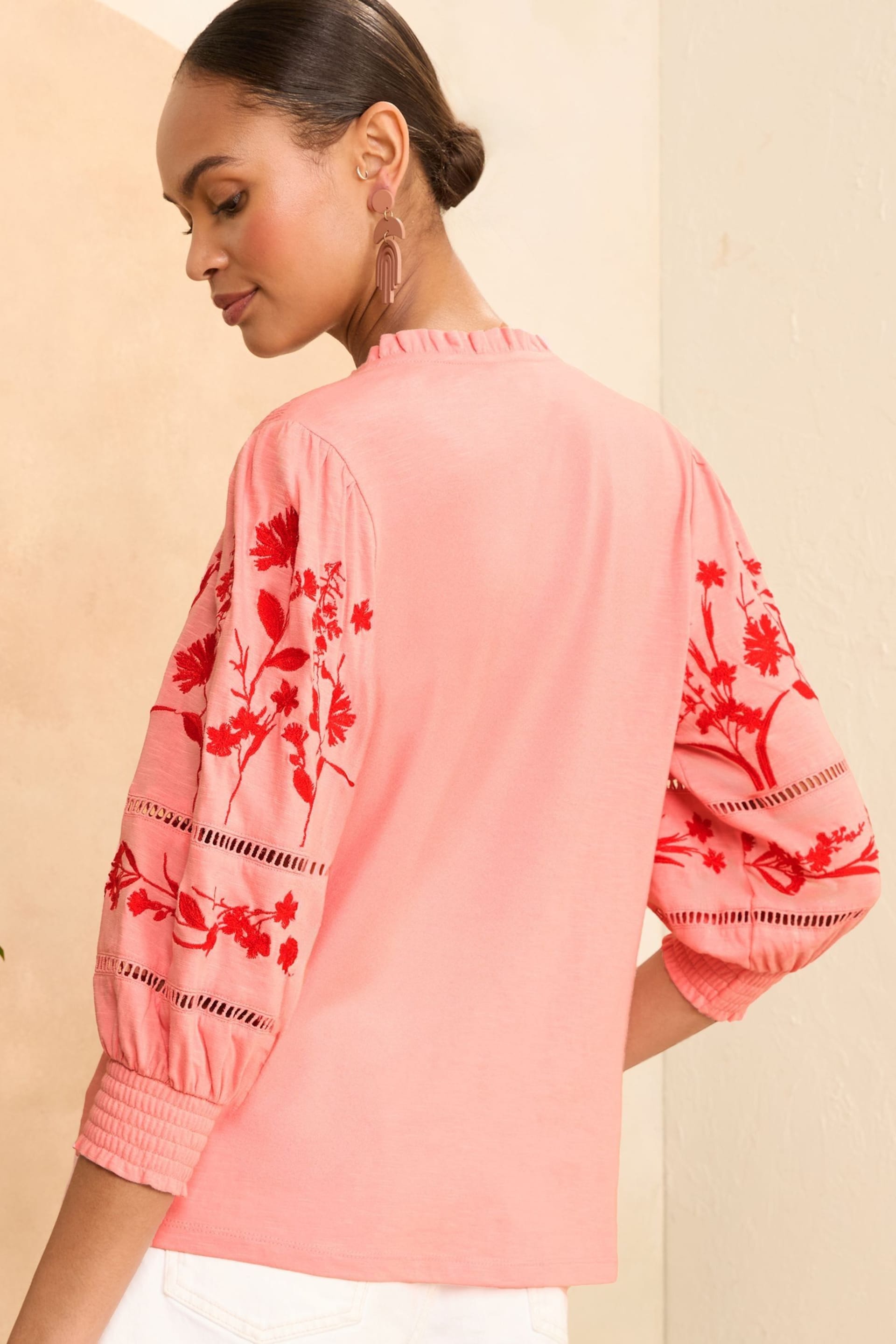 Love & Roses Pink V Neck Embroidered Sleeve Jersey Top - Image 3 of 4
