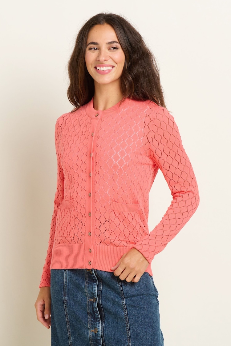 Brakeburn Pink 100% Cotton Diamond Pointelle Knitted Cardigan - Image 1 of 5