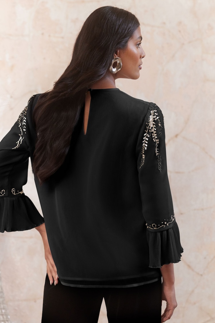 ENB | Love & Roses Black Petite Embellished Crew Neck Flute Sleeve Blouse - Image 4 of 4