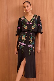 Love & Roses Black Embroidered V Neck Short Sleeve Midi Dress - Image 1 of 4