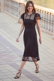 Sosandar Black Broderie Flutter Sleeve Midi Dress - Image 1 of 5