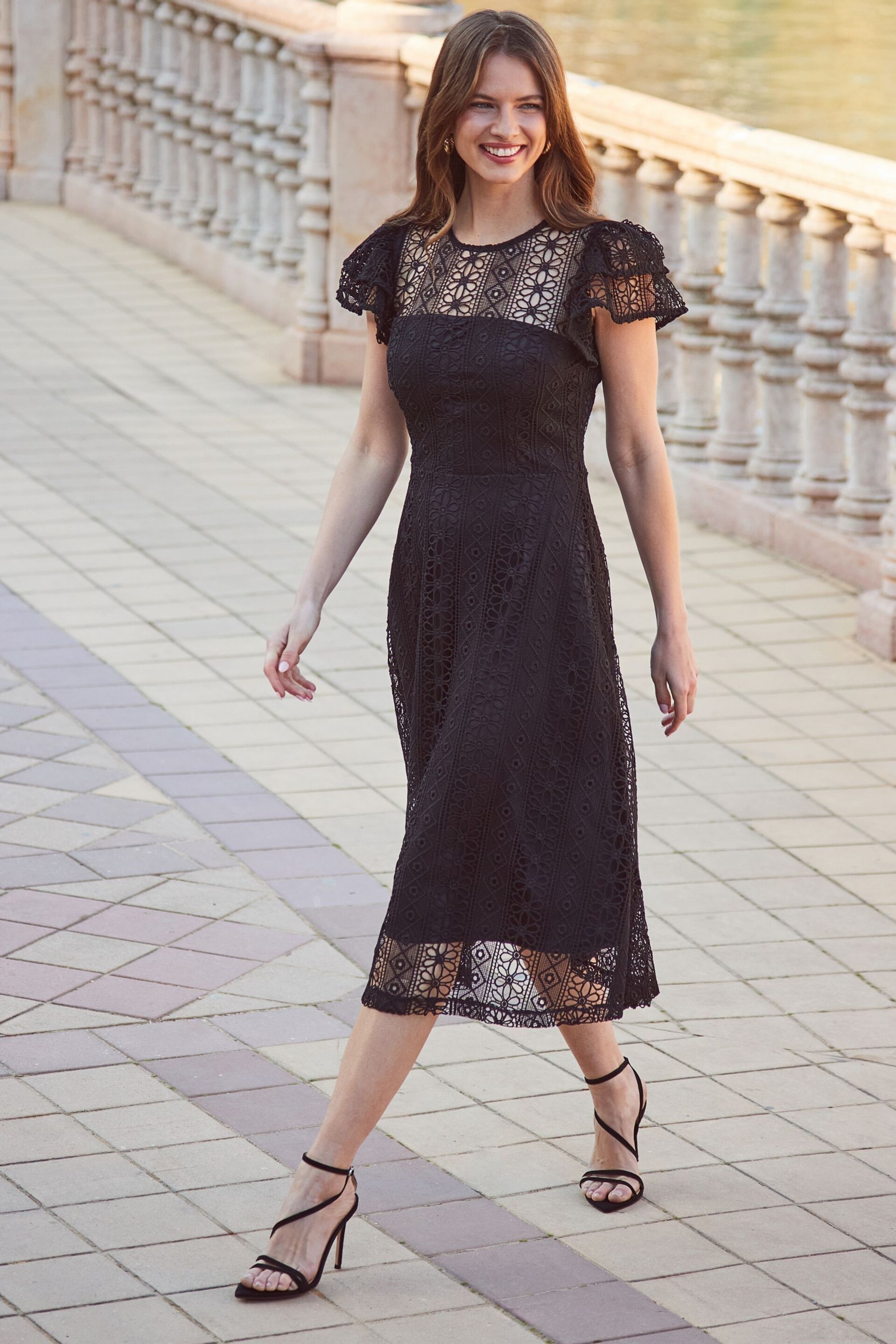 Sosandar Black Broderie Flutter Sleeve Midi Dress - Image 1 of 5
