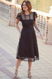 Sosandar Black Broderie Flutter Sleeve Midi Dress - Image 2 of 5