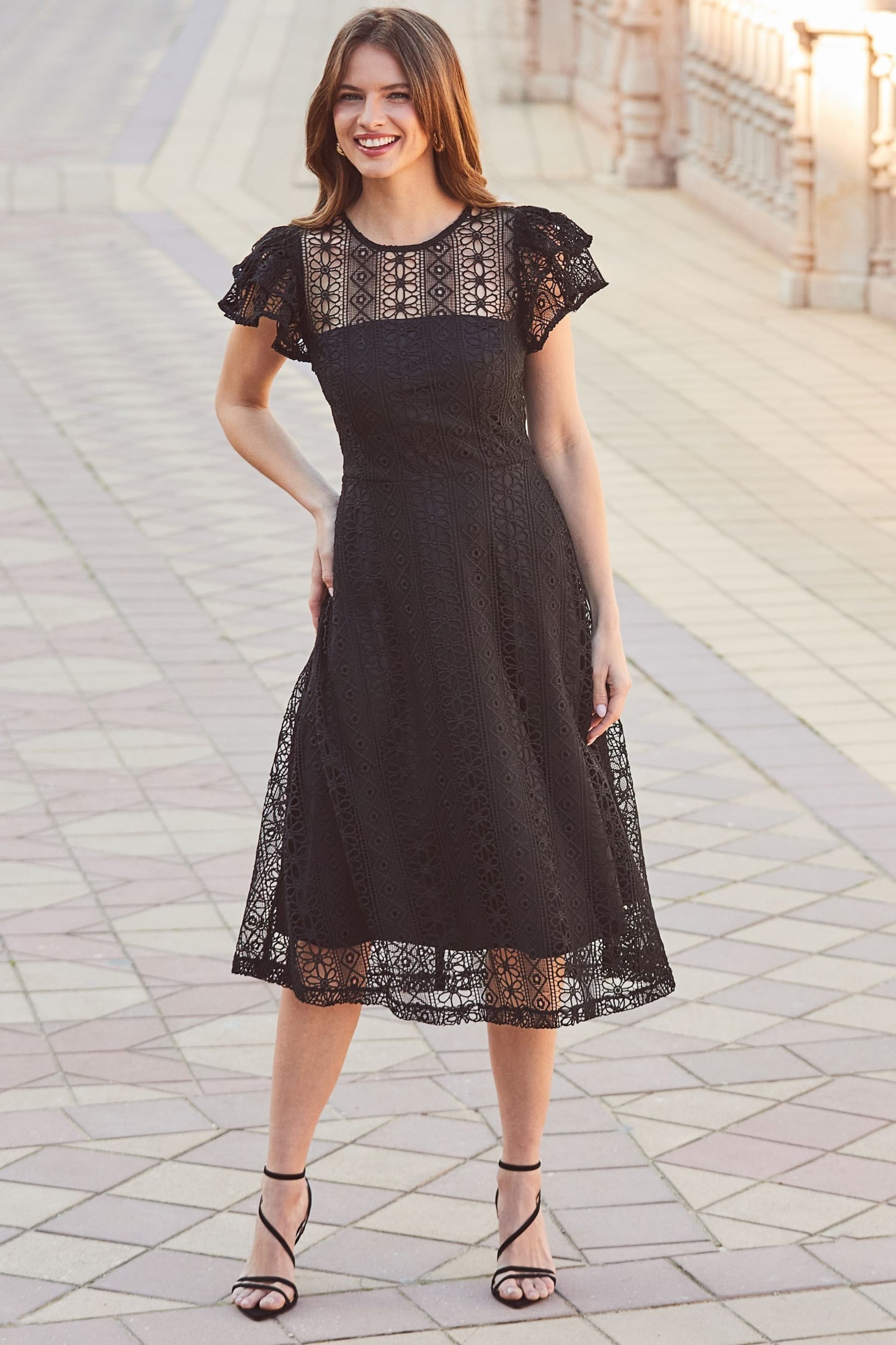 Sosandar Black Broderie Flutter Sleeve Midi Dress - Image 5 of 5