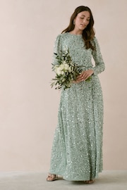 Maya Green All Over Embellished Long Sleeve Modest Maxi Dress - Image 1 of 4