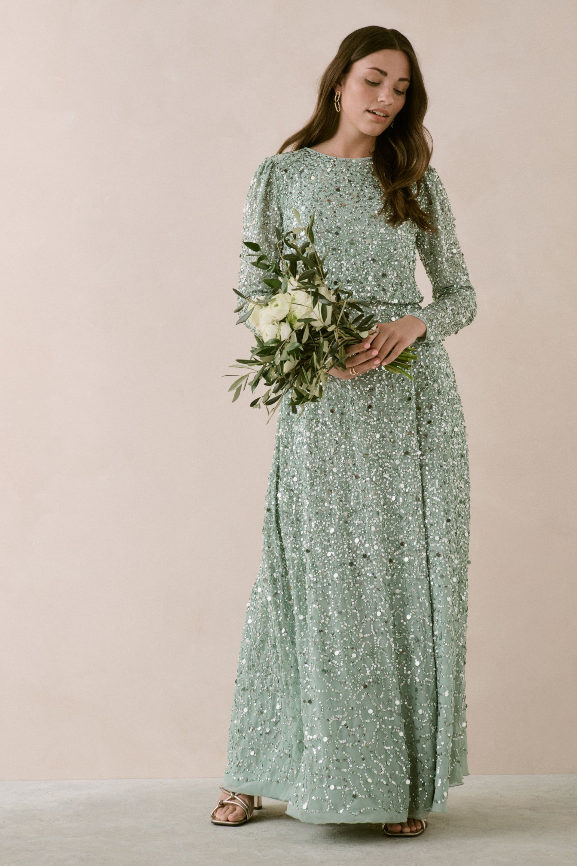 Maya Green All Over Embellished Long Sleeve Modest Maxi Dress - Image 1 of 4