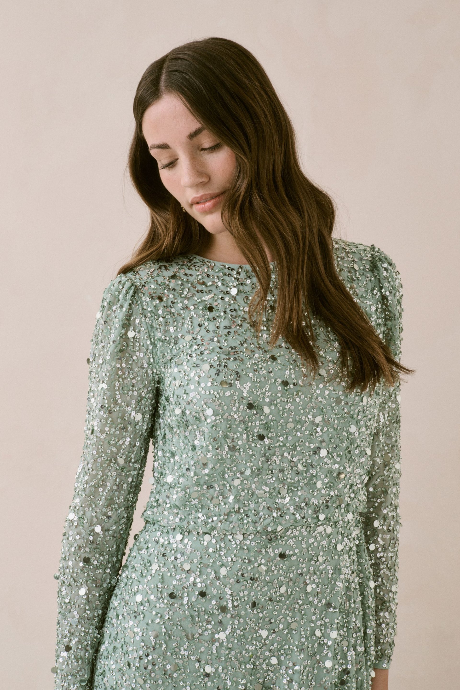 Maya Green All Over Embellished Long Sleeve Modest Maxi Dress - Image 4 of 4