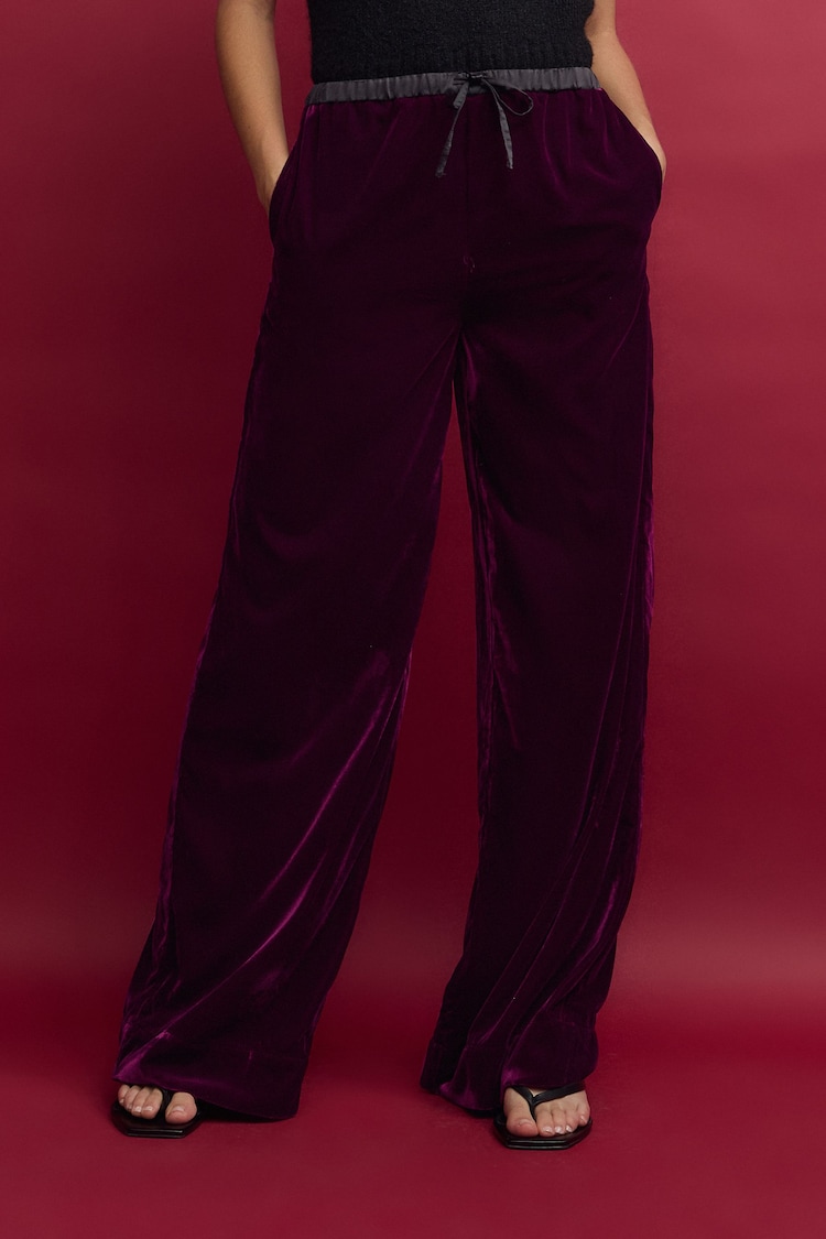 莓紅色 - Velvet Wide Leg Trousers - 圖片 2，共 7