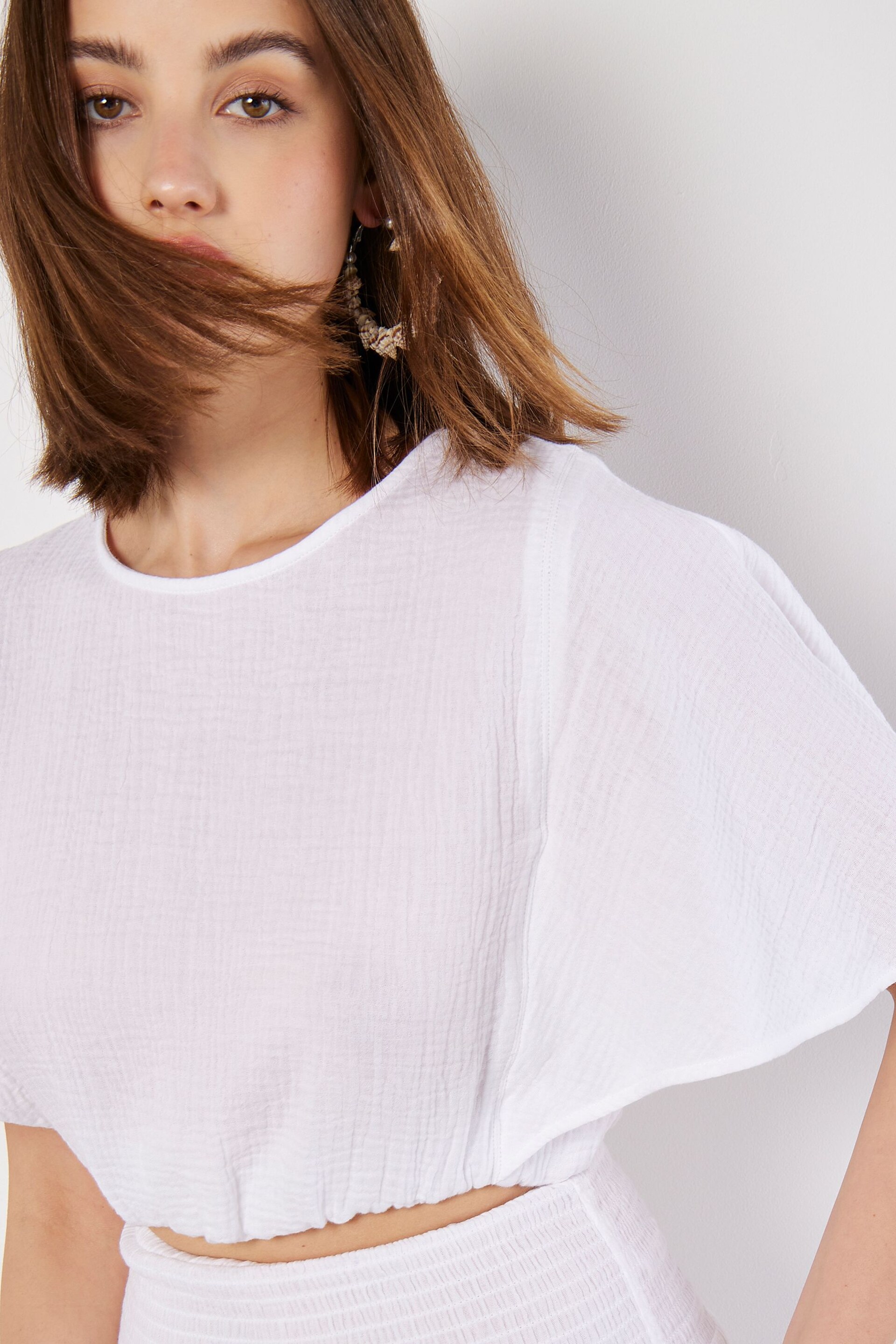 Apricot White Tetra Cotton Batwing Puff Top - Image 1 of 4