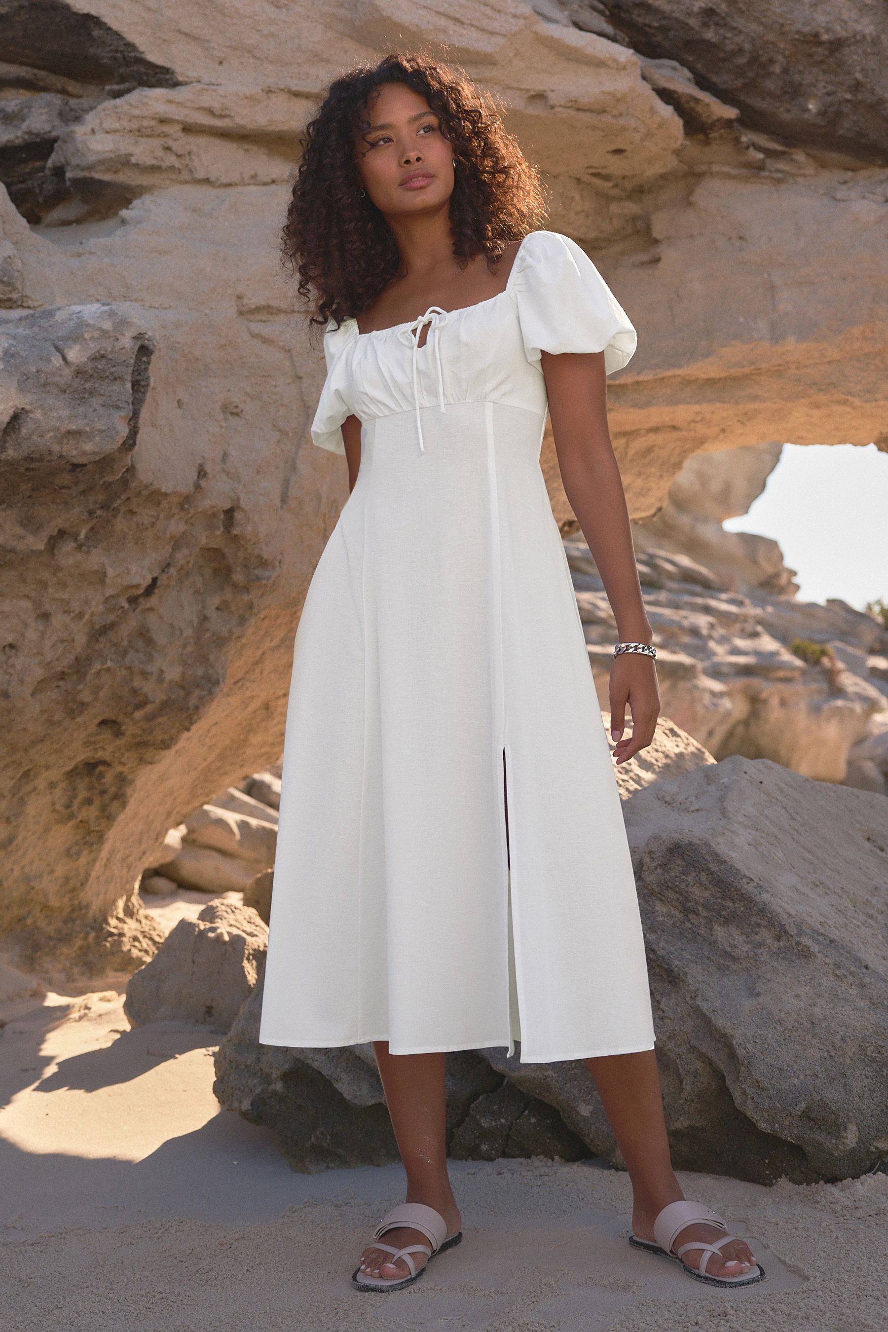 White puff sleeve midi dress new arrivals
