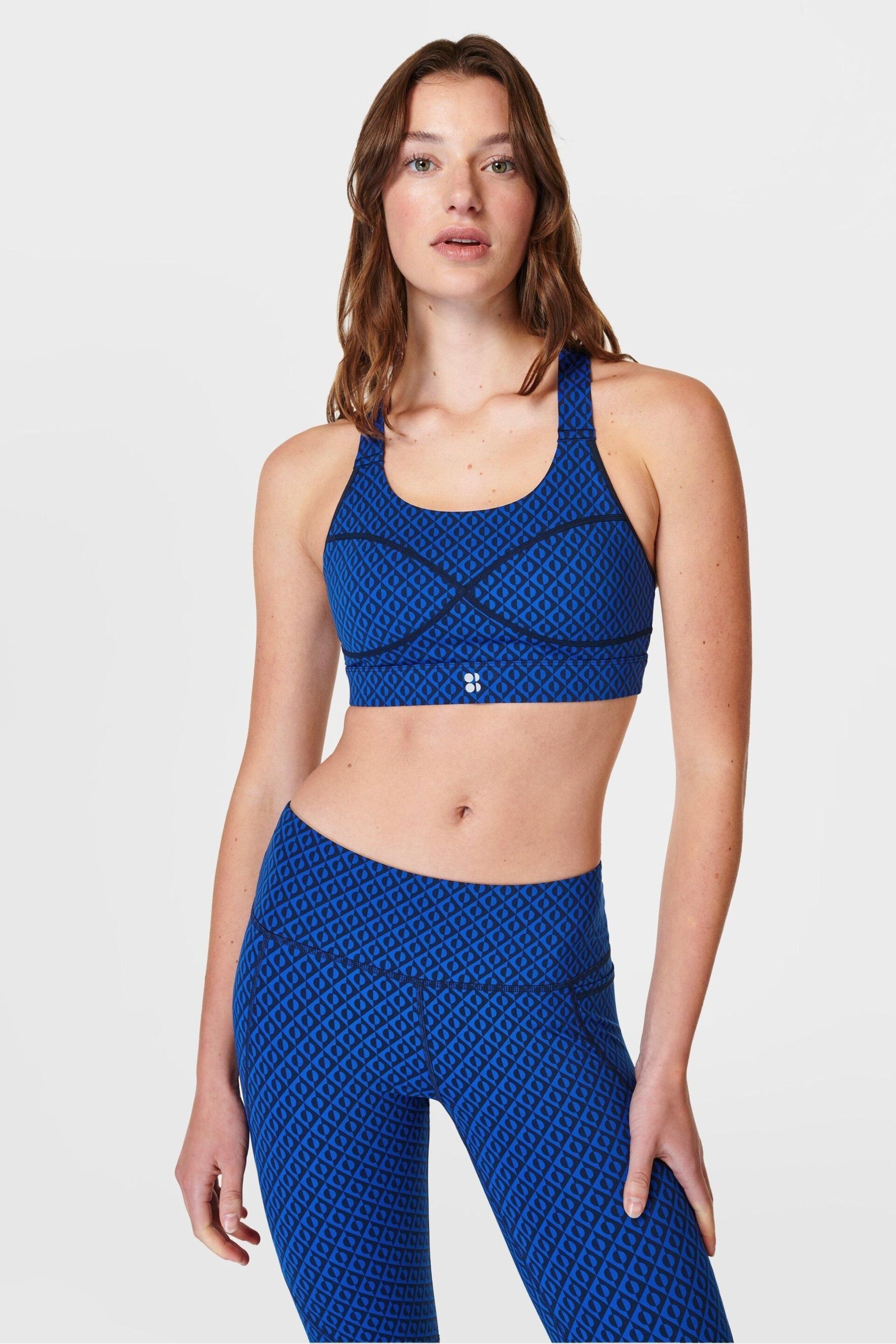 Sweaty Betty Blue Apex Geo Print Medium Power Support Sports Bra - Image 1 of 7