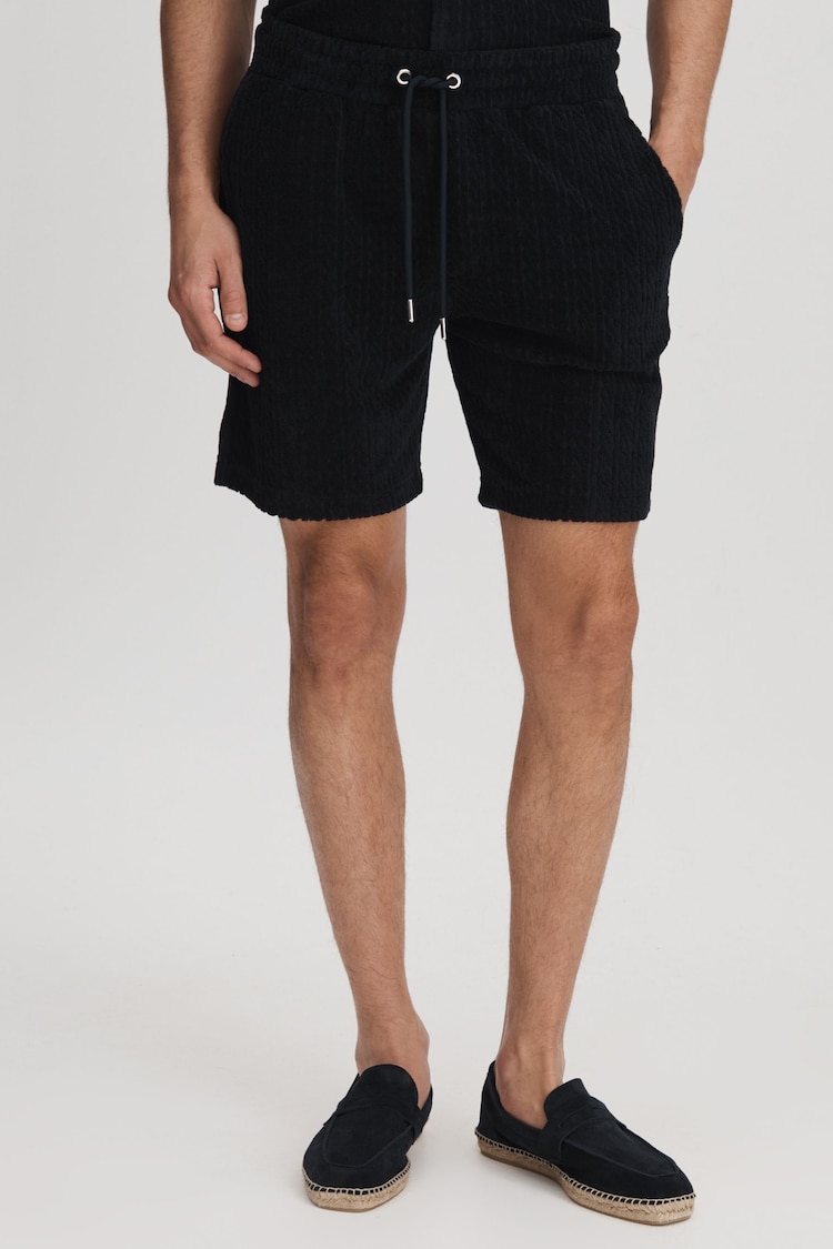 Reiss Navy Vulcan Towelling Drawstring Shorts - Image 1 of 6