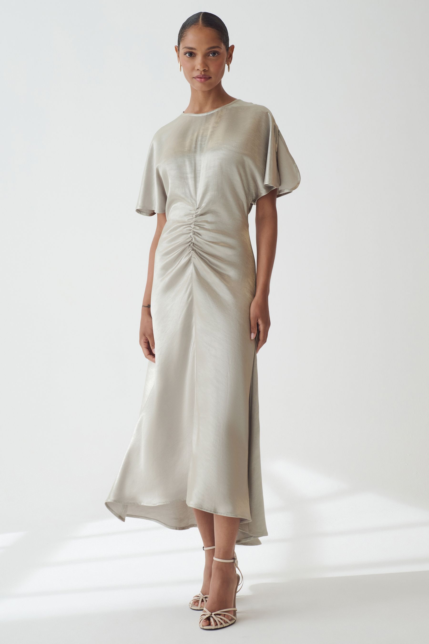 Buy Silver Ruched Satin Crinkle Midi Dress from Next Luxembourg