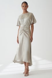 Silver Ruched Satin Crinkle Midi Dress - Image 1 of 5