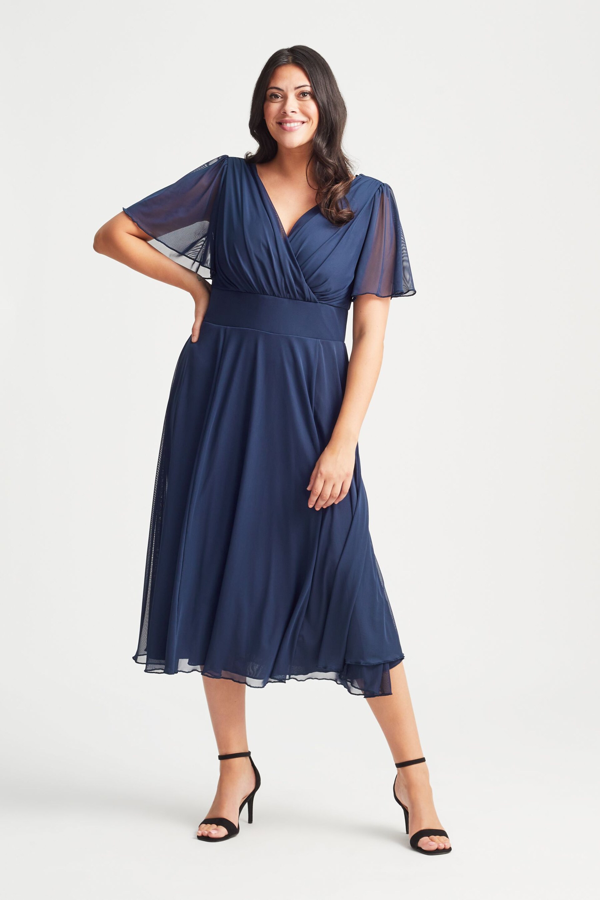 Scarlett & Jo Blue Light Victoria Angel Sleeve Mesh Midi long Dress - Image 1 of 4