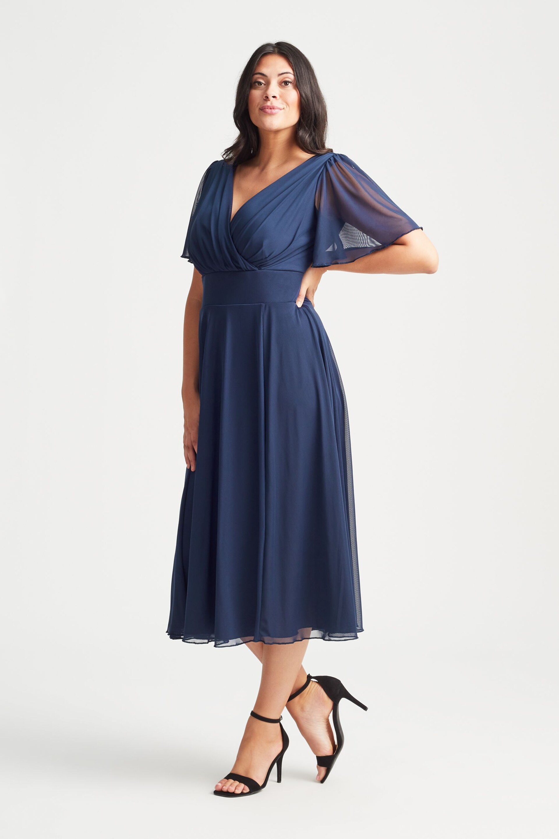 Scarlett & Jo Blue Light Victoria Angel Sleeve Mesh Midi long Dress - Image 3 of 4