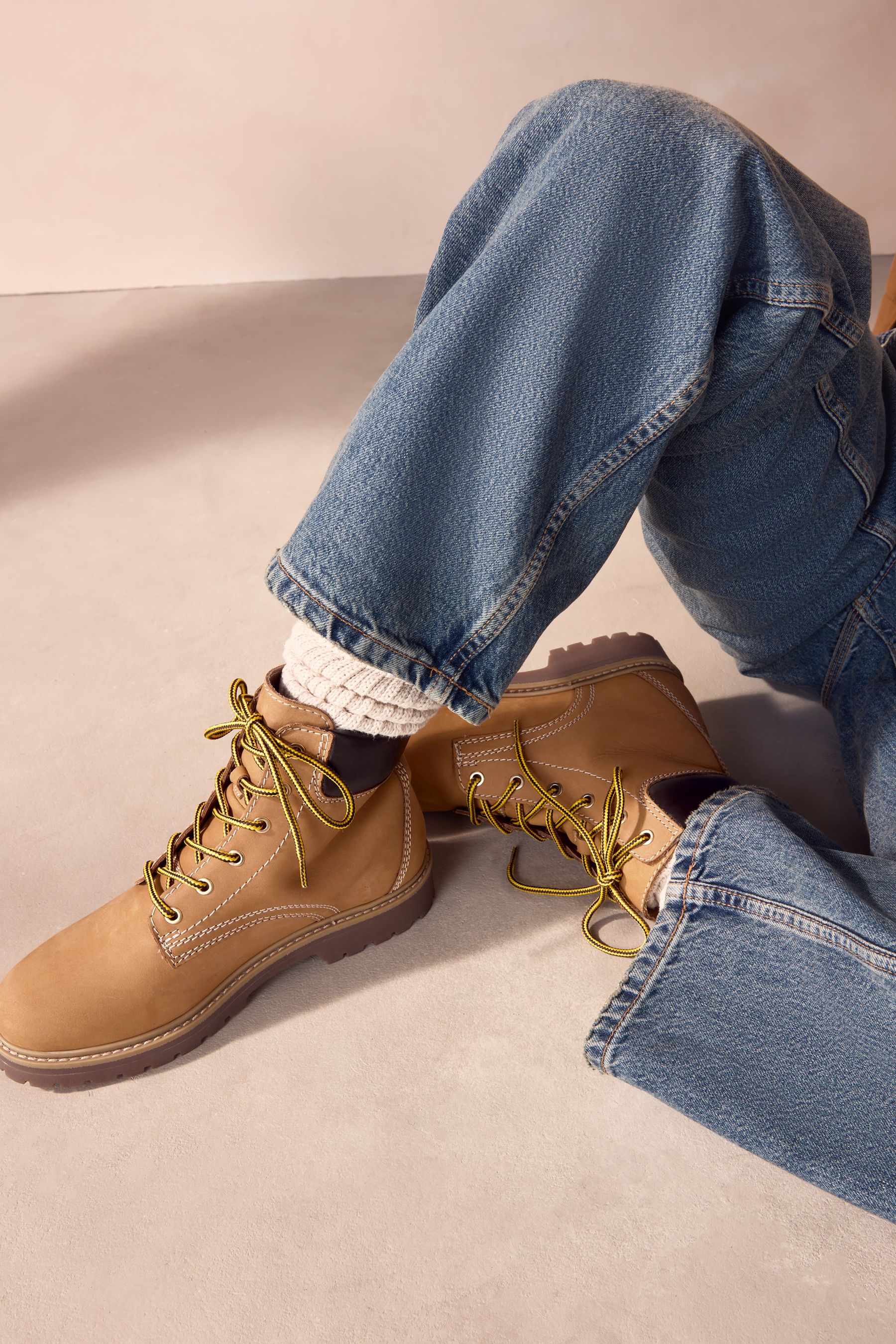 Buy Tan Brown Leather Standard Wide Fit Forever Comfort Lace Up Collared Boots from Next Mexico