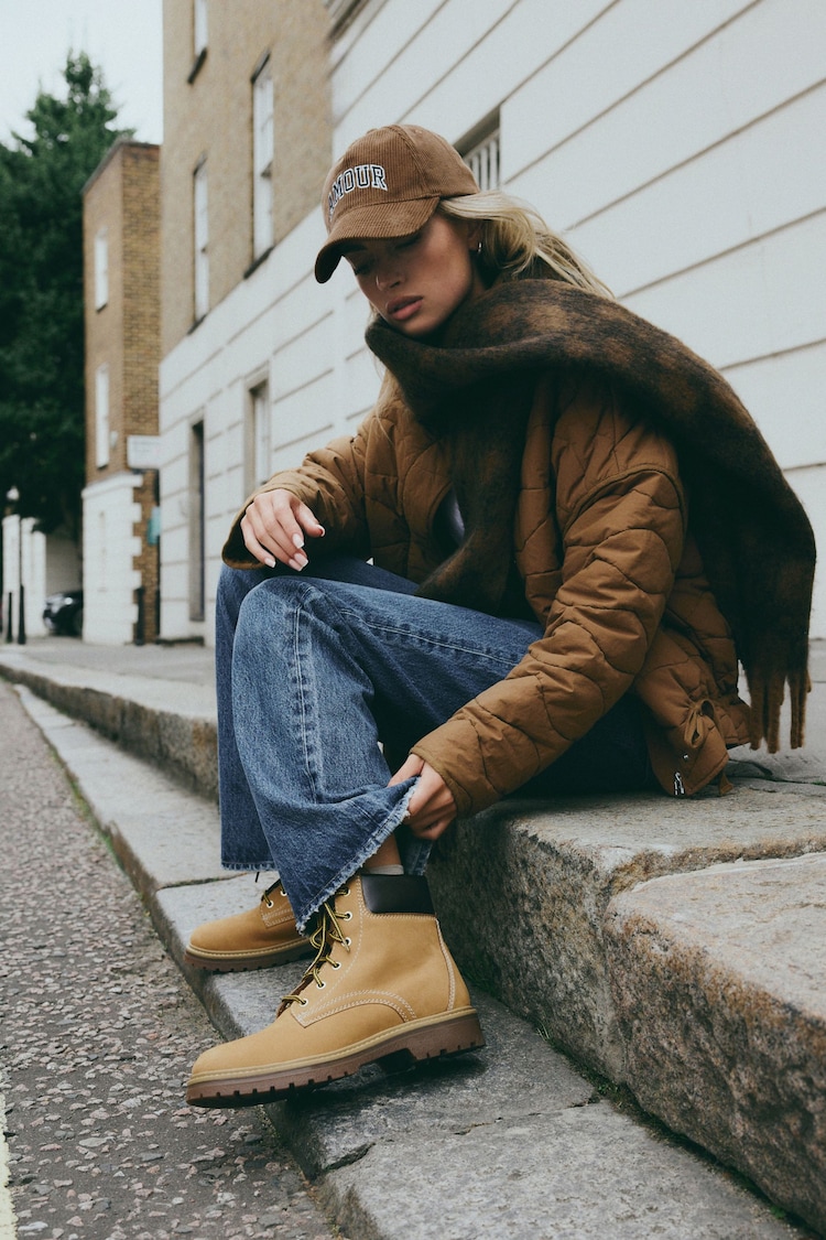 Tan Brown Leather Regular/Wide Fit Print Forever Comfort® Lace-Up Collared Boots - Image 2 of 8