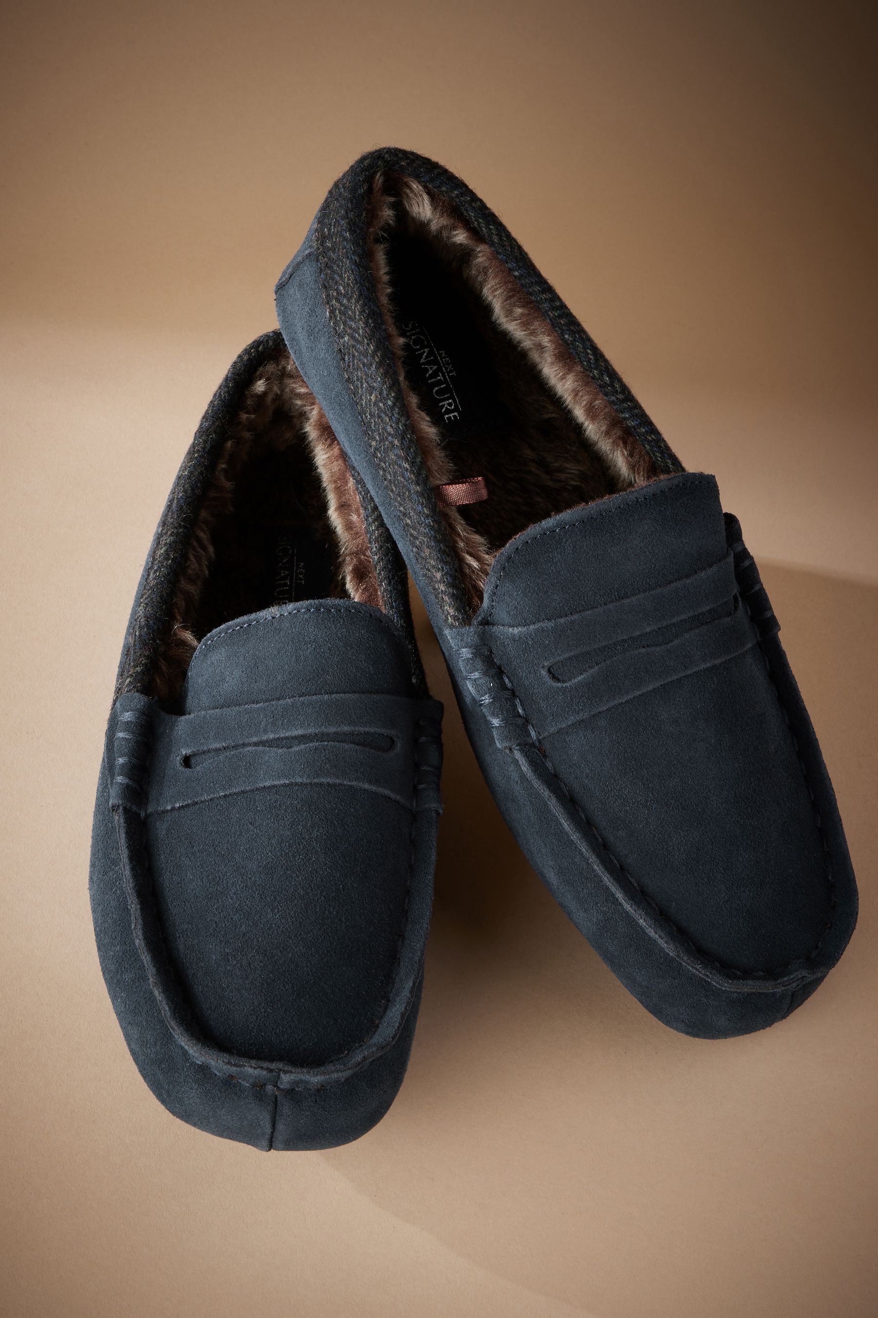 Buy Navy Signature Suede Fur Faux Lined Moccasin Slippers from the Next UK online shop