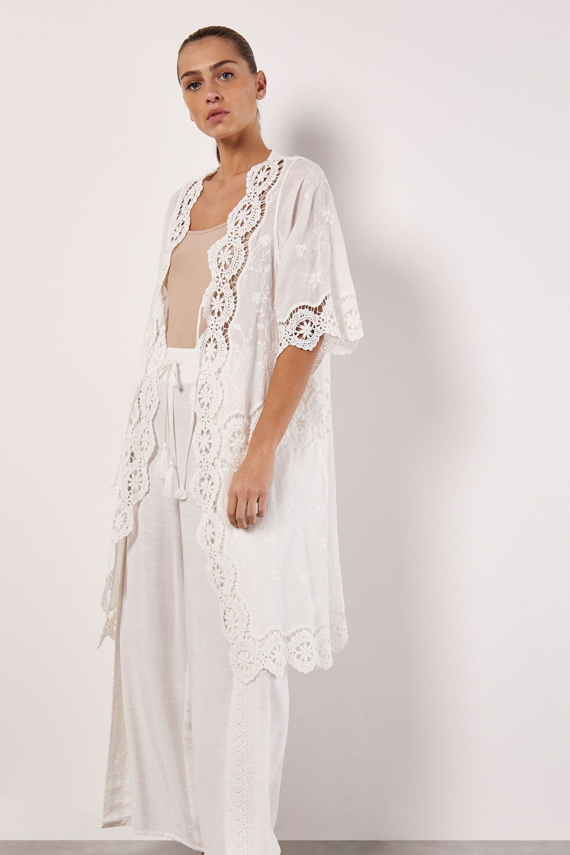 Apricot White Cotton Blend Lace Longline Cover Up - Image 1 of 4