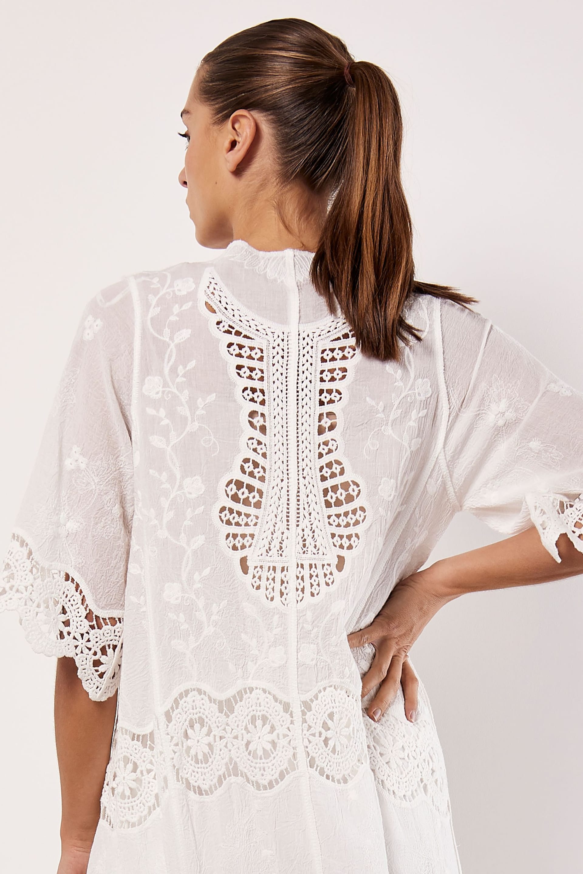 Apricot White Cotton Blend Lace Longline Cover Up - Image 3 of 4