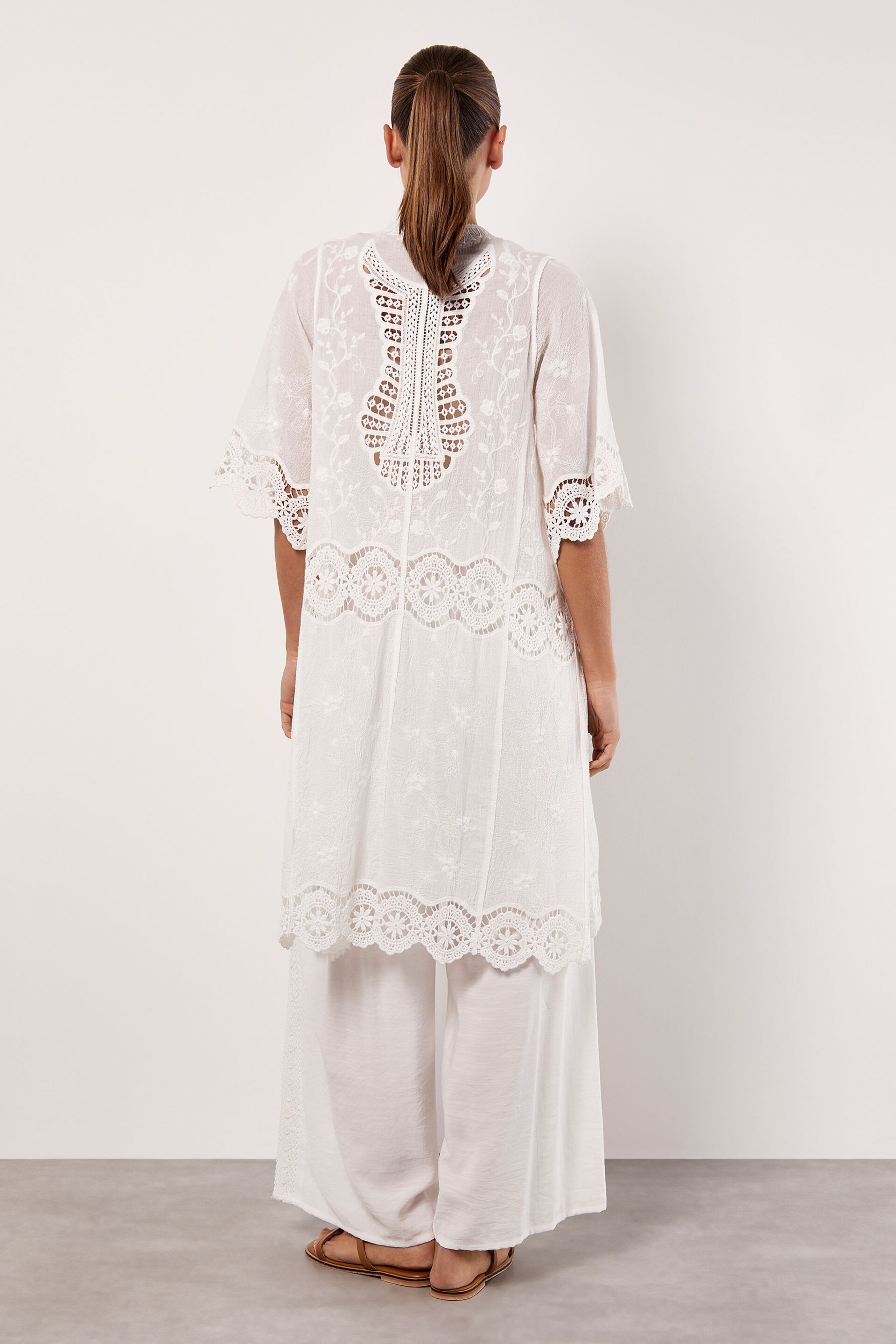 Apricot White Cotton Blend Lace Longline Cover Up - Image 4 of 4