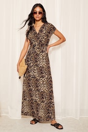 Friends Like These Brown Short Sleeve Wrap V Neck Tie Waist Summer Maxi Dress - Image 1 of 4
