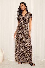 Friends Like These Brown Short Sleeve Wrap V Neck Tie Waist Summer Maxi Dress - Image 3 of 4