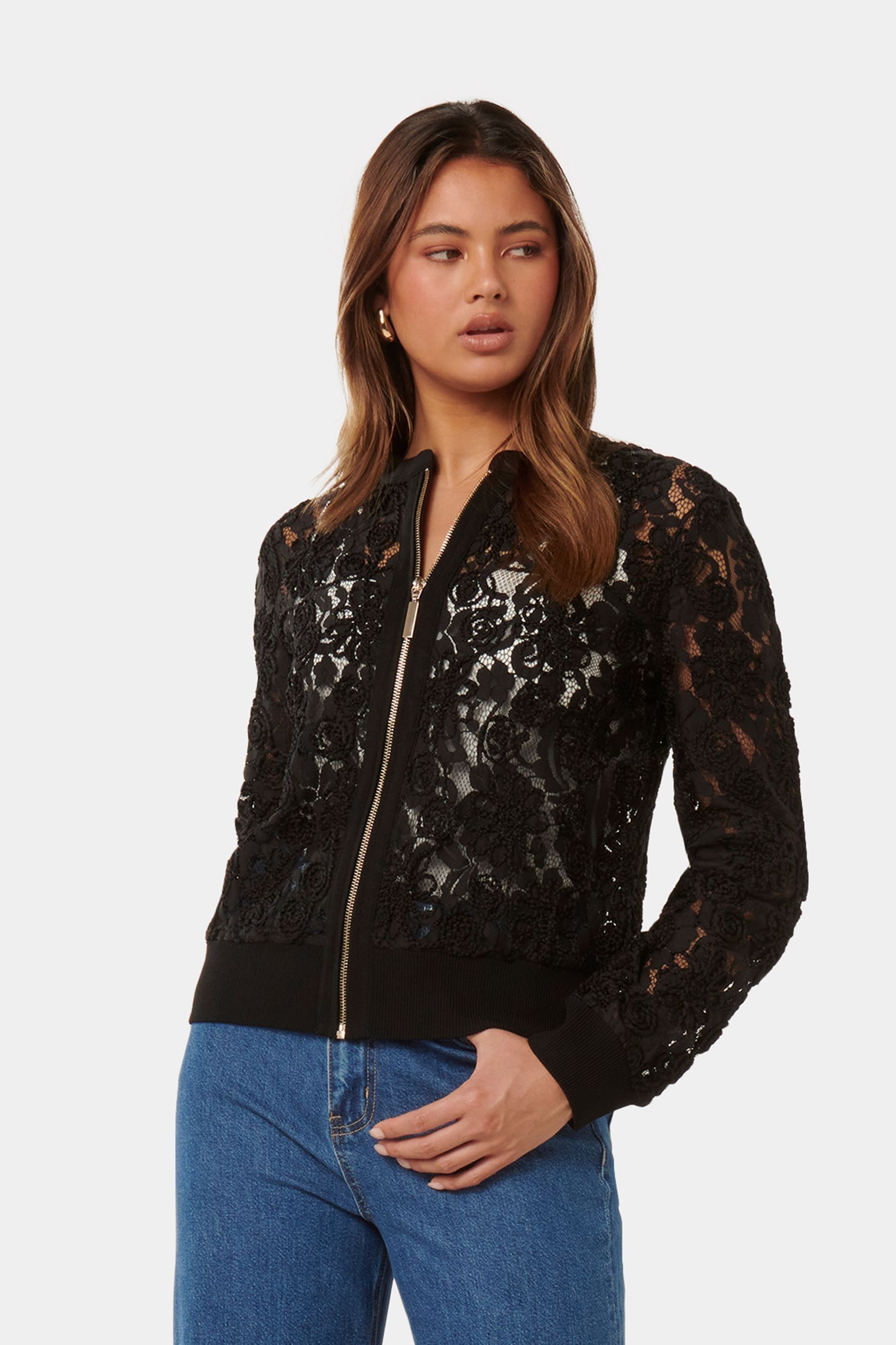 Buy Forever New Black Riley Lace Mixed Knit Bomber Jacket from Next Luxembourg