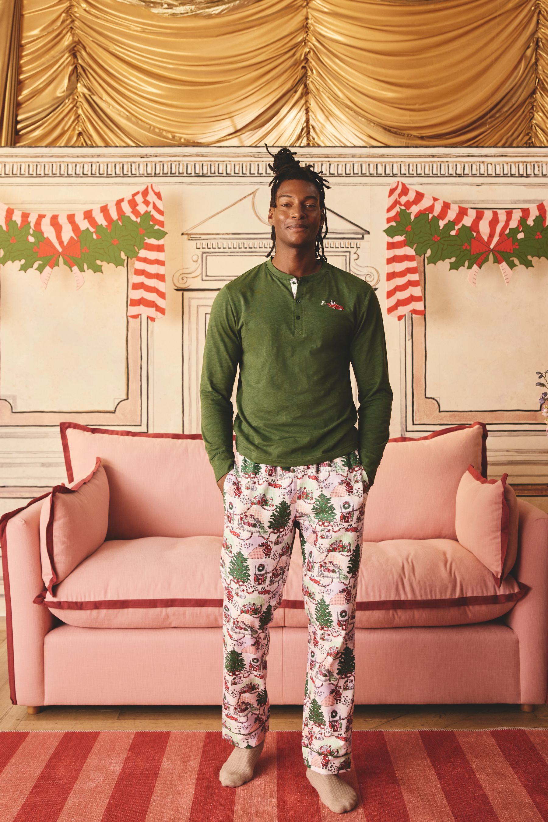 Cath Kidston Green Christmas House Long Sleeve 100 Cotton Pyjamas XL Reg Mens