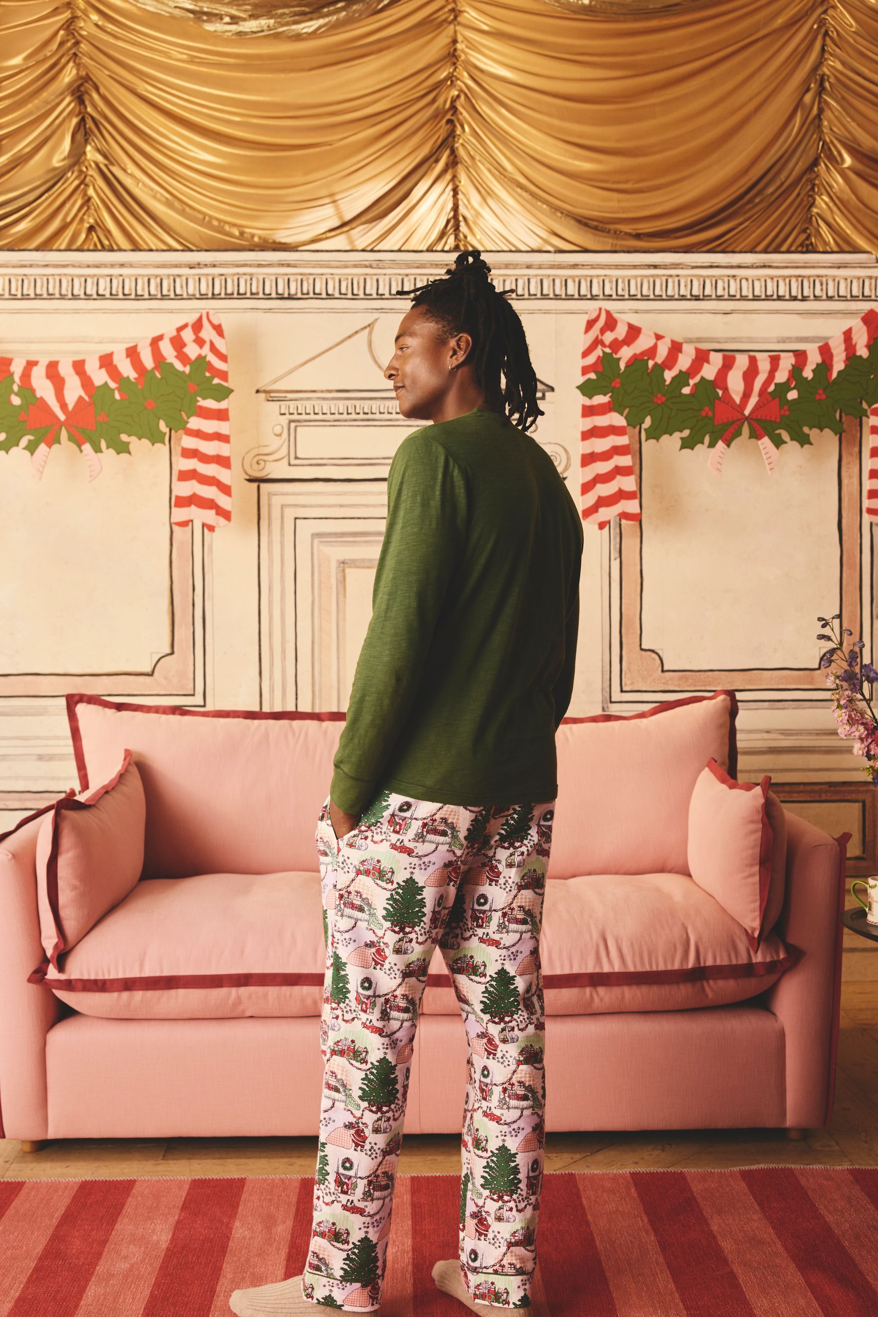 Cath Kidston Green Christmas House Long Sleeve 100 Cotton Pyjamas XL Reg Mens